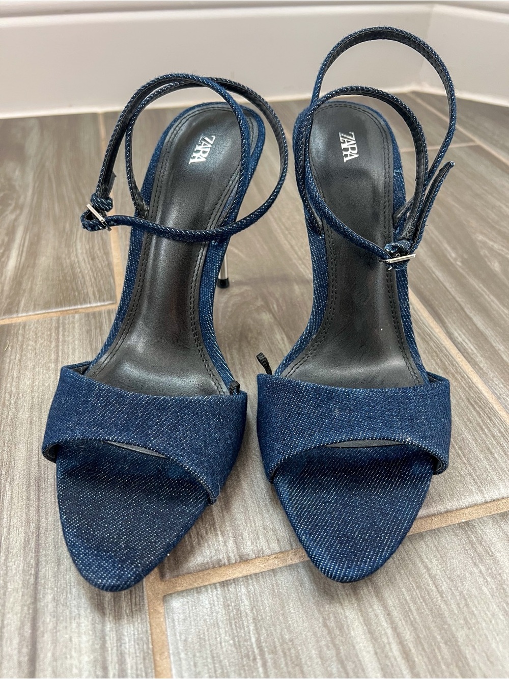 ZARA Denim High-Heeled Sandals Metallic Stiletto Blue EU 39 NWOT - Picture 5 of 6